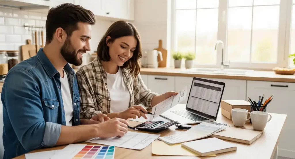 Casal planejando orçamento para reforma parcial em casa com papéis, notebook e amostras de cores sobre a mesa