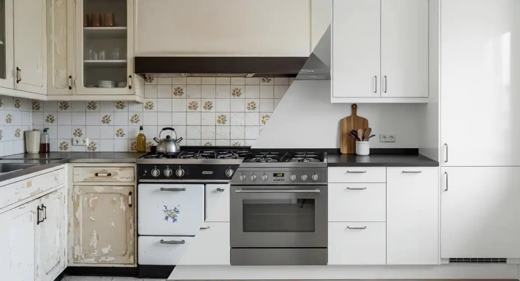 Antes e depois de uma reforma parcial em casa na cozinha Cozinha dividida ao meio mostrando antes e depois de uma reforma parcial em casa